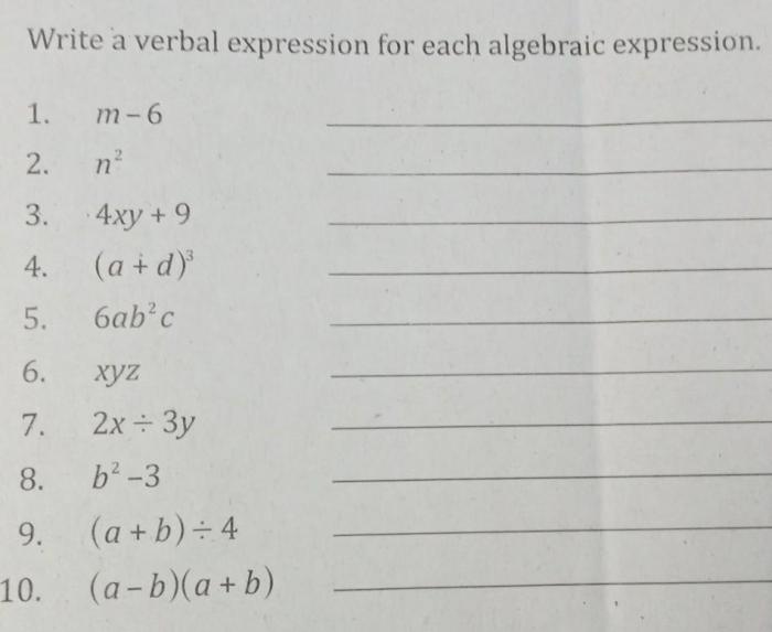 Write a verbal expression for each algebraic expression